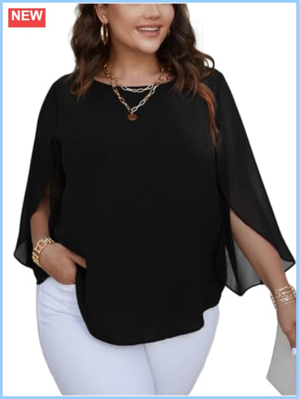 Plus Size Chiffon 3/4 Sleeve Tunic Top Dressy Casual Loose Flowy Blouse